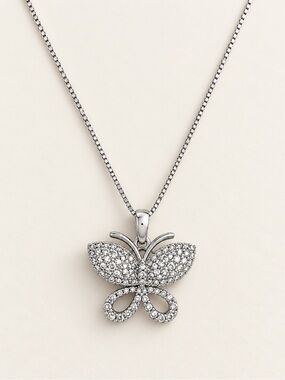 Platinum Butterfly CZ Pendant Necklace Silver Tone Sparkling Gift for Her
